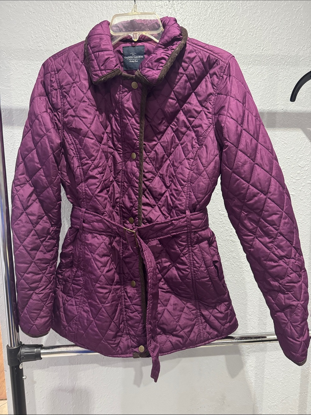 Faded Glory Quilted Belted Puffer Jacket in Plum
